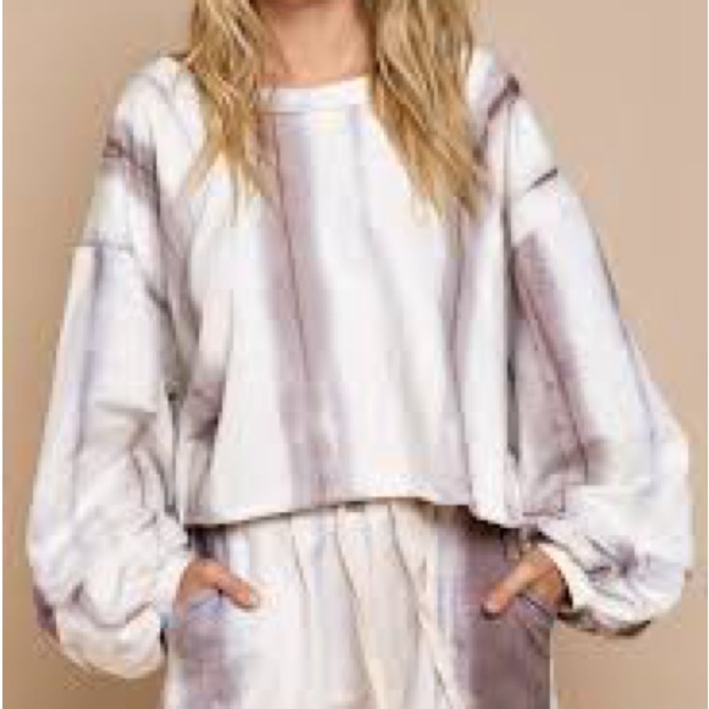 POL Brown Cream Tie-Dye Cropped Oversized Balloon Sleeve Sweatshirt Sz large